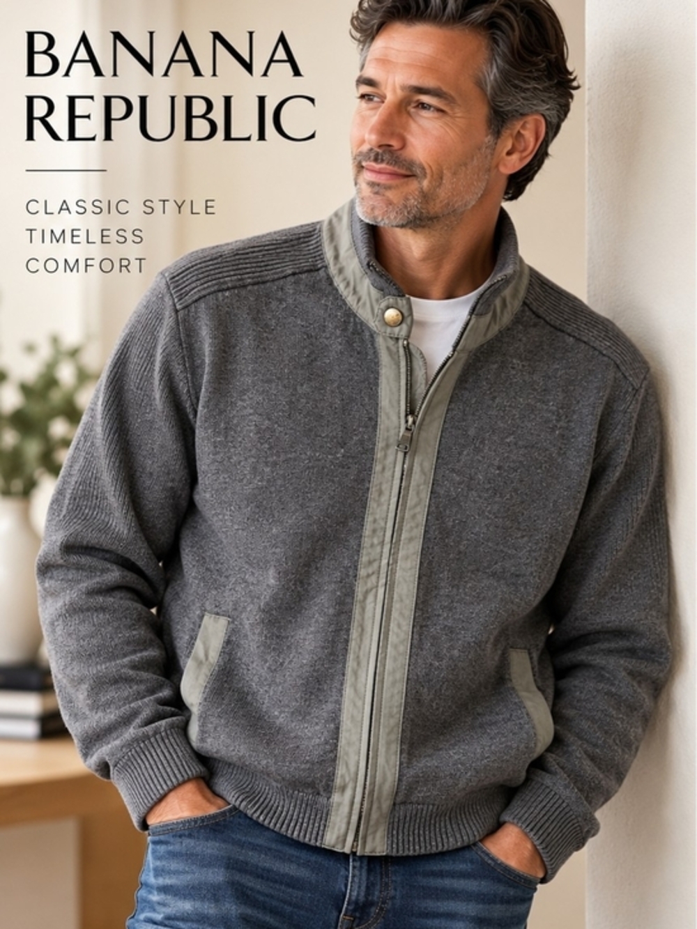 Banana Republic XL Grandpa Core Gray Knit Zip Sweater | Vintage Prep